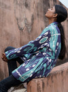 Giacca kimono di cotone da donna trapuntata colore blu e verde